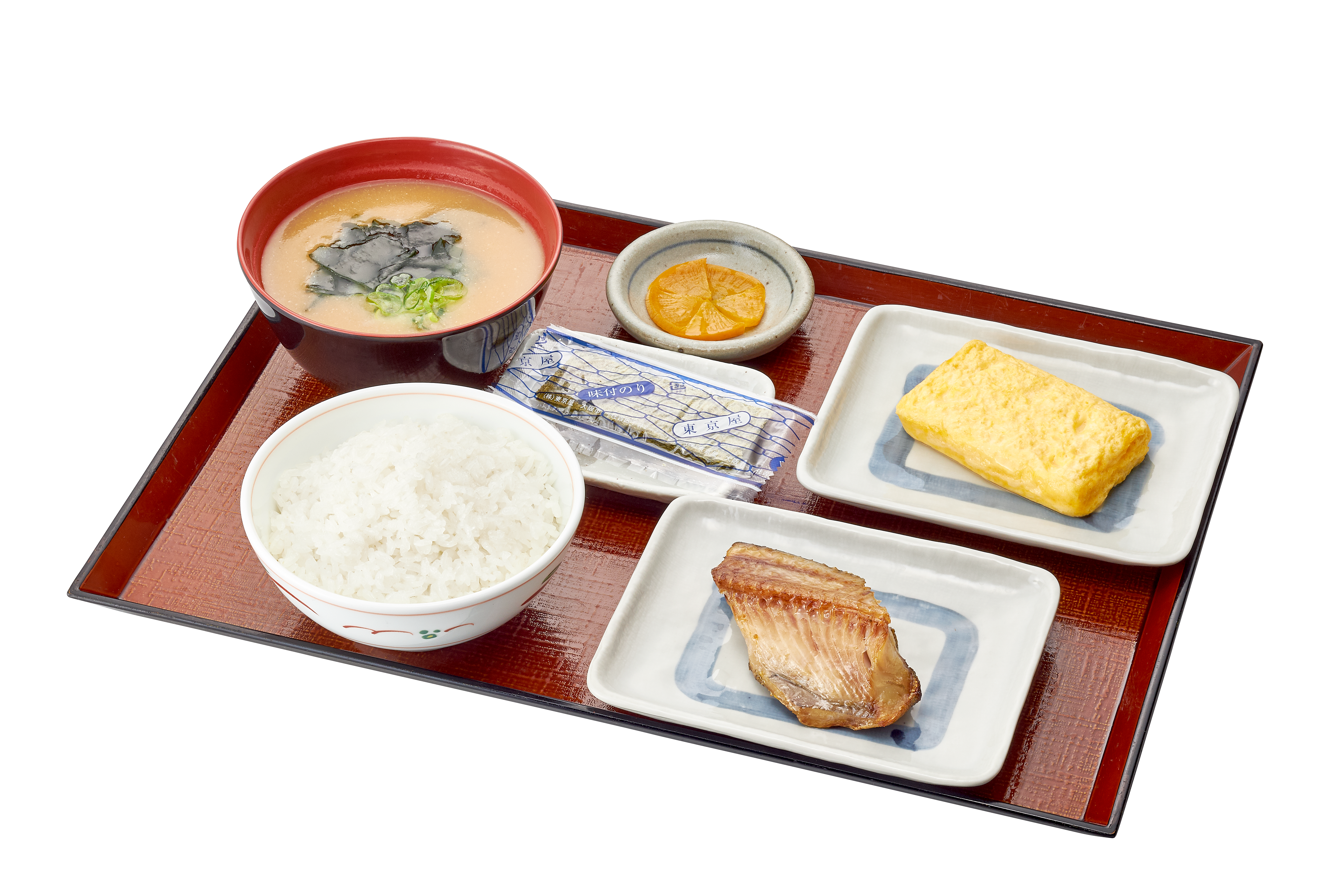 焼き魚(縞ほっけ)とハーフ玉子焼きの朝定食