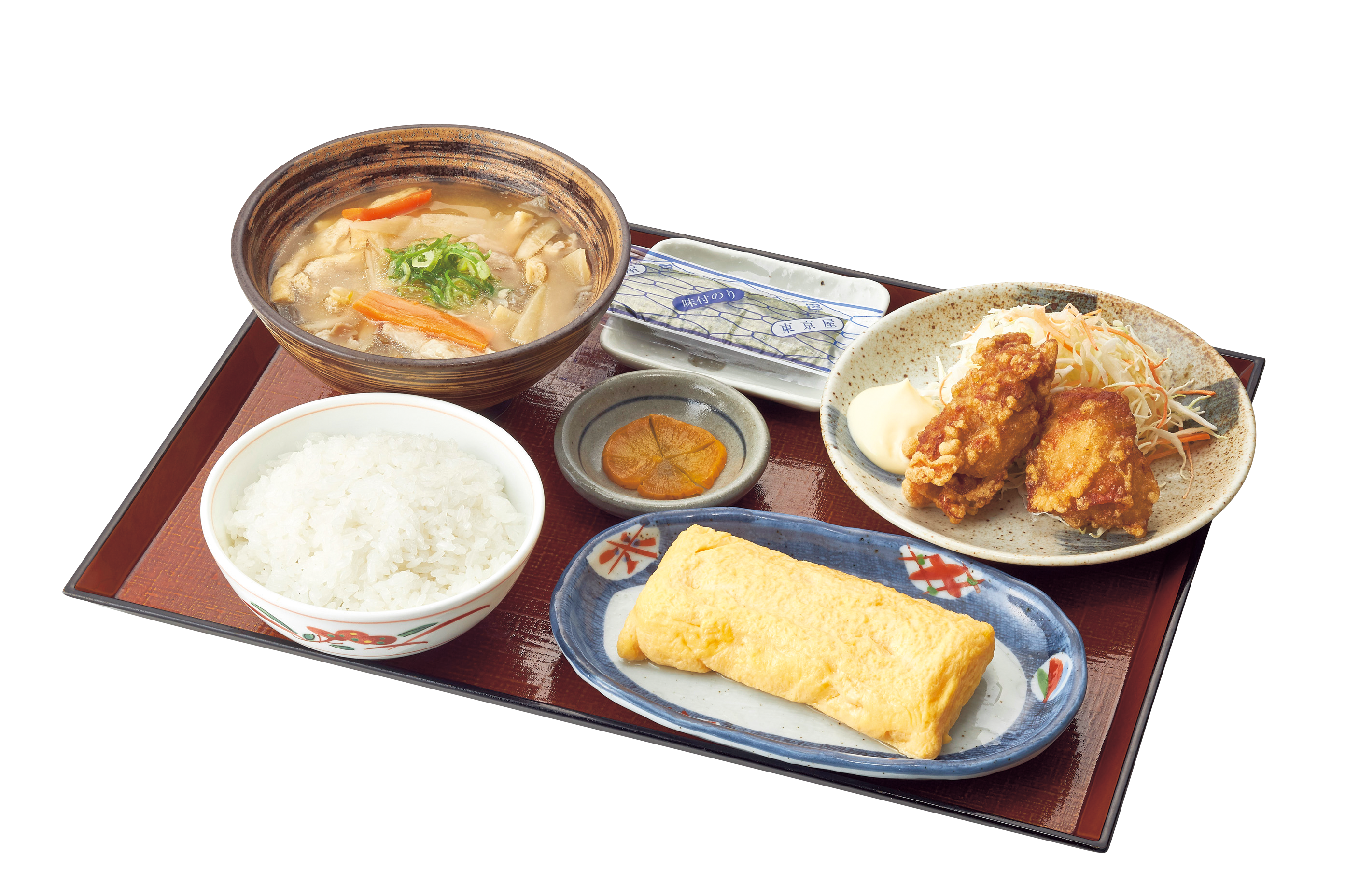 若鶏唐揚げとだし玉子焼きの豚汁朝定食